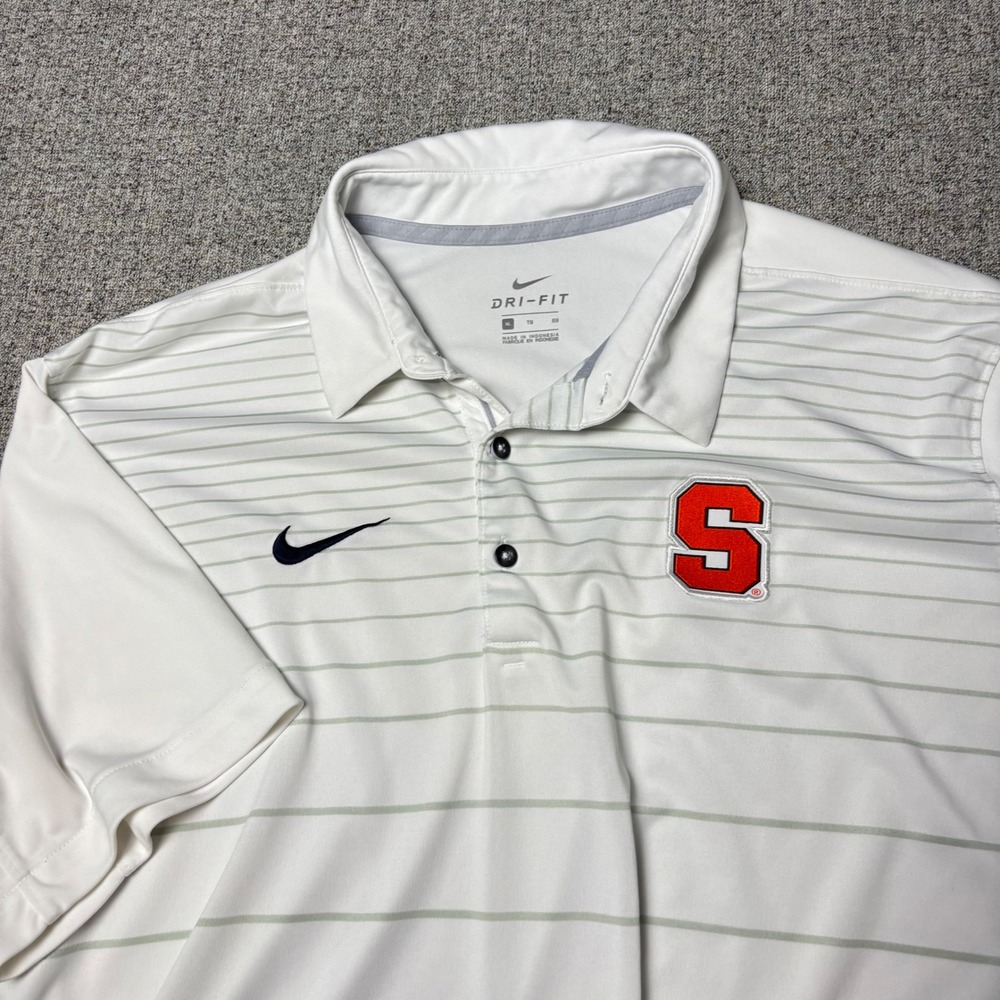 Nike Polo Shirt Mens XL White Syracuse Orange Dri-FIT Striped Short Sleeve Golf